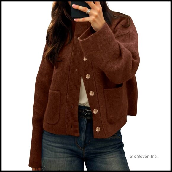 Sweaters - Chunky Knit Cardigan Sweater Button Down Mock Neck Open Front Winter Casual